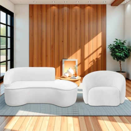 Kit Divã Recamier Orgânico Marrocos 200cm Lado Direito e 1 Poltronas Amore Bouclé Branco