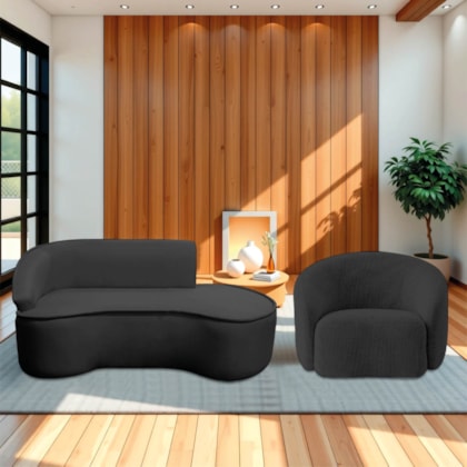 Kit Divã Recamier Orgânico Marrocos 200cm Lado Direito e 1 Poltronas Amore Linho Preto