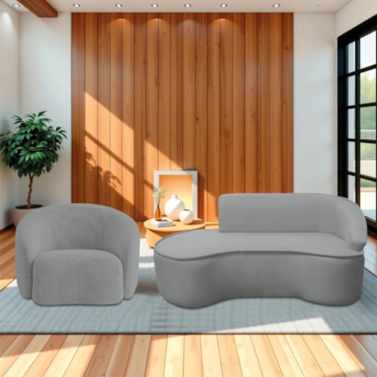 Kit Divã Recamier Orgânico Marrocos 200cm Lado Esquerdo e 1 Poltronas Amore Bouclé Cinza