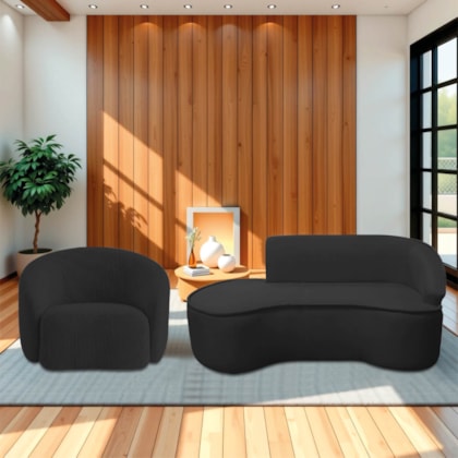 Kit Divã Recamier Orgânico Marrocos 200cm Lado Esquerdo e 1 Poltronas Amore Bouclé Preto