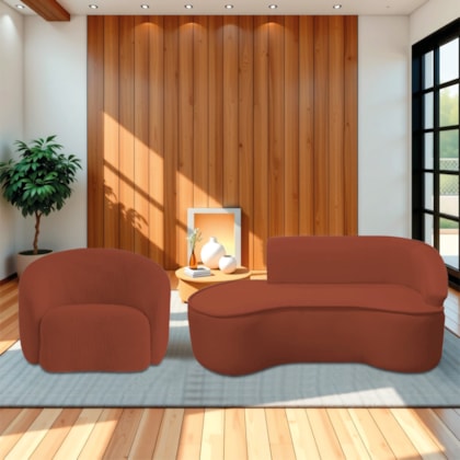 Kit Divã Recamier Orgânico Marrocos 200cm Lado Esquerdo e 1 Poltronas Amore Bouclé Terracota