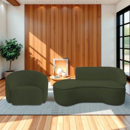 Kit Divã Recamier Orgânico Marrocos 200cm Lado Esquerdo e 1 Poltronas Amore Linho Verde