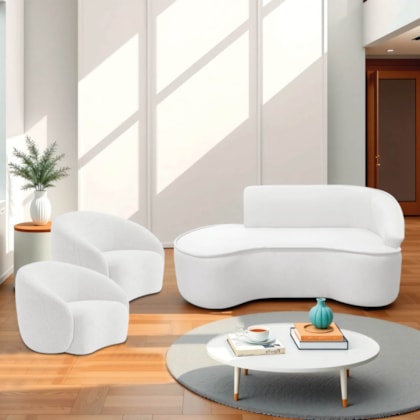 Kit Divã Recamier Orgânico Marrocos 200cm Lado Esquerdo e 2 Poltronas Amore Bouclé Branco