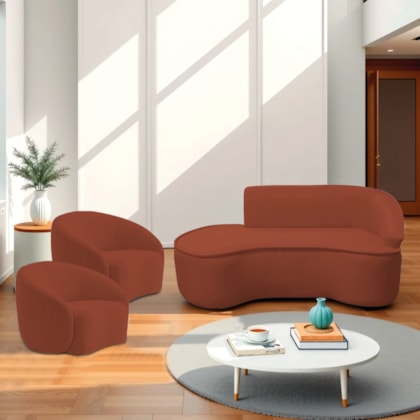 Kit Divã Recamier Orgânico Marrocos 200cm Lado Esquerdo e 2 Poltronas Amore Bouclé Terracota