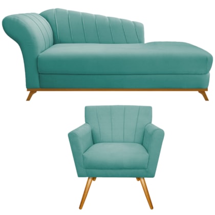 Kit Diva Recamier Vanessa 140cm Lado Direito e 01 Poltrona Laura Suede Azul Ciano
