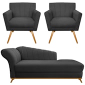 Kit Diva Recamier Vanessa 140cm Lado Direito e 02 Poltronas Laura Linho Cinza Escuro - Amarena Móveis