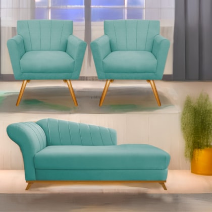 Kit Diva Recamier Vanessa 140cm Lado Direito e 02 Poltronas Laura Suede Azul Ciano - Amarena Móveis