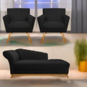Kit Diva Recamier Vanessa 140cm Lado Direito e 02 Poltronas Laura Suede Preto - Amarena Móveis
