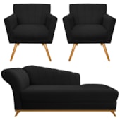 Kit Diva Recamier Vanessa 140cm Lado Direito e 02 Poltronas Laura Suede Preto - Amarena Móveis