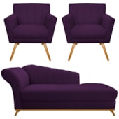 Kit Diva Recamier Vanessa 140cm Lado Direito e 02 Poltronas Laura Suede Roxo - Amarena Móveis
