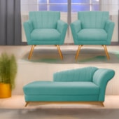 Kit Diva Recamier Vanessa 140cm Lado Esquerdo e 02 Poltronas Laura Suede Azul Ciano - Amarena Móveis