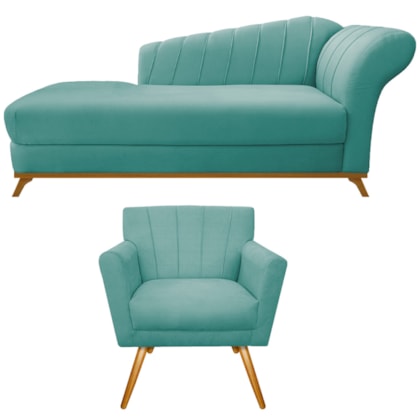 Kit Diva Recamier Vanessa 160cm Lado Esquerdo e 01 Poltrona Laura Suede Azul Ciano