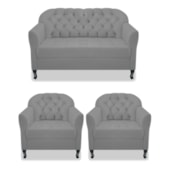 Kit Namoradeira Recamier Sofá mais 02 Poltrona Julia Pés Luís Xv Com Botonê Quarto Sala de Estar Recepção Corano Cinza - AM Decor