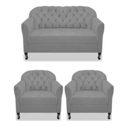 Kit Namoradeira Recamier Sofá mais 02 Poltrona Julia Pés Luís Xv Com Botonê Quarto Sala de Estar Recepção Corano Cinza - AM Decor