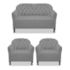 Kit Namoradeira Recamier Sofá mais 02 Poltrona Julia Pés Luís Xv Com Botonê Quarto Sala de Estar Recepção Corano Cinza - AM Decor