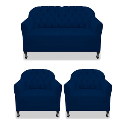 Kit Namoradeira Recamier Sofá mais 02 Poltrona Julia Pés Luís Xv Com Botonê Quarto Sala de Estar Recepção Suede Azul Marinho - AM Decor