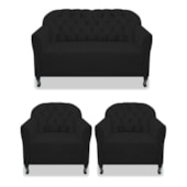 Kit Namoradeira Recamier Sofá mais 02 Poltrona Julia Pés Luís Xv Com Botonê Quarto Sala de Estar Recepção Suede Preto - AM Decor