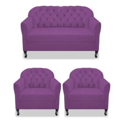 Kit Namoradeira Recamier Sofá mais 02 Poltrona Julia Pés Luís Xv Com Botonê Quarto Sala de Estar Recepção Suede Roxo - AM Decor