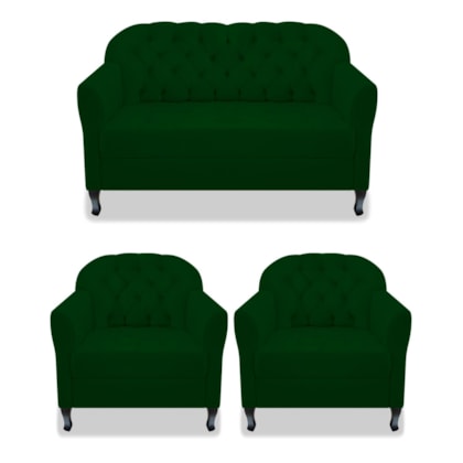 Kit Namoradeira Recamier Sofá mais 02 Poltrona Julia Pés Luís Xv Com Botonê Quarto Sala de Estar Recepção Suede Verde - AM Decor