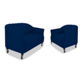 Kit Namoradeira Sofá Recamier e Poltrona Julia Pés Luís Xv Com Botonê para Sala Recepção Quarto Suede Azul Marinho - AM Decor