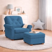 Kit Poltrona de Amamentação e Puff Doce Nuvem Linho Azul Royal