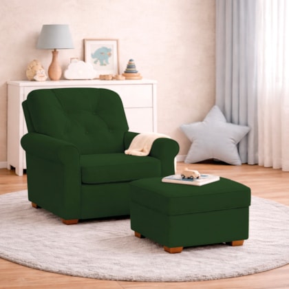 Kit Poltrona de Amamentação e Puff Doce Nuvem Linho Verde