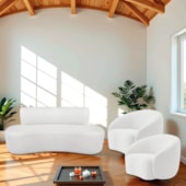 Kit Recamier Curvo Amsterdã 120cm e 2 Poltronas Amore Luxo Bouclê Branco