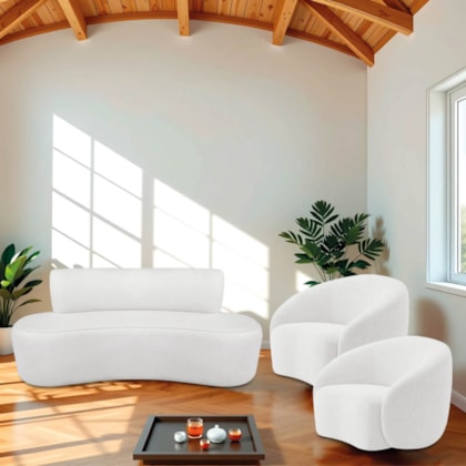 Kit Recamier Curvo Amsterdã 120cm e 2 Poltronas Amore Luxo Bouclê Branco