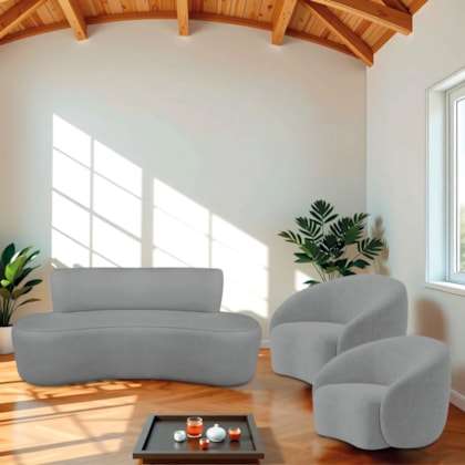 Kit Recamier Curvo Amsterdã 120cm e 2 Poltronas Amore Luxo Bouclê Cinza