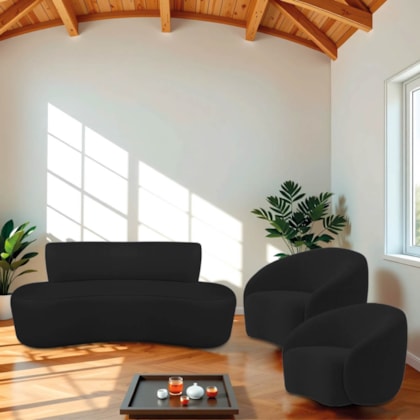 Kit Recamier Curvo Amsterdã 120cm e 2 Poltronas Amore Luxo Bouclê Preto