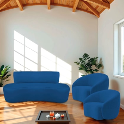Kit Recamier Curvo Amsterdã 120cm e 2 Poltronas Amore Luxo Linho Azul Royal