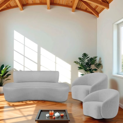 Kit Recamier Curvo Amsterdã 120cm e 2 Poltronas Amore Luxo Linho Cinza Claro