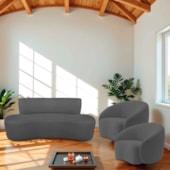 Kit Recamier Curvo Amsterdã 120cm e 2 Poltronas Amore Luxo Linho Cinza Escuro