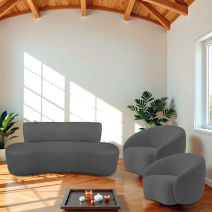 Kit Recamier Curvo Amsterdã 120cm e 2 Poltronas Amore Luxo Linho Cinza Escuro