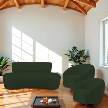Kit Recamier Curvo Amsterdã 120cm e 2 Poltronas Amore Luxo Linho Verde