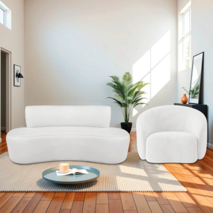 Kit Recamier Curvo Amsterdã 120cm e Poltrona Amore Luxo Bouclê Branco