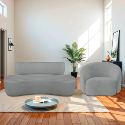 Kit Recamier Curvo Amsterdã 120cm e Poltrona Amore Luxo Bouclê Cinza