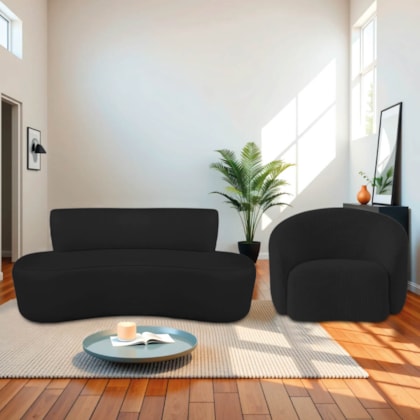 Kit Recamier Curvo Amsterdã 120cm e Poltrona Amore Luxo Bouclê Preto