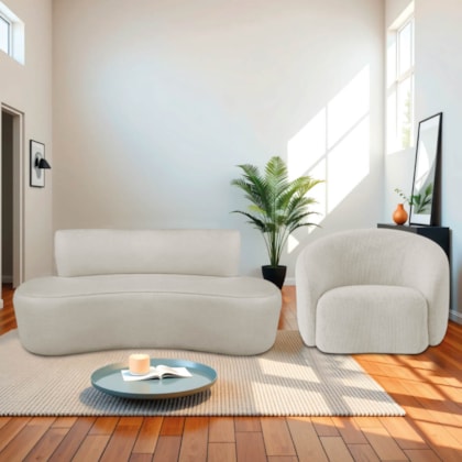 Kit Recamier Curvo Amsterdã 120cm e Poltrona Amore Luxo Linho Bege