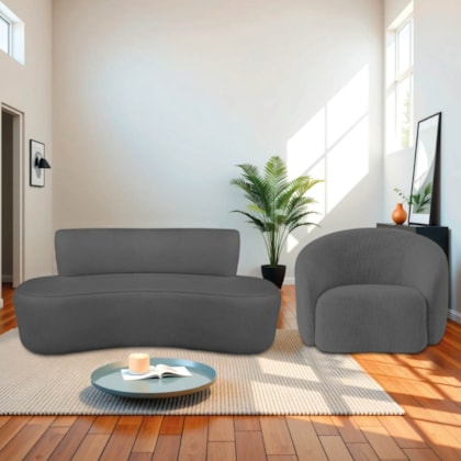 Kit Recamier Curvo Amsterdã 120cm e Poltrona Amore Luxo Linho Cinza Escuro