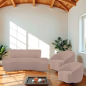 Kit Recamier Curvo Amsterdã 200cm e 2 Poltronas Amore Luxo Linho Rose