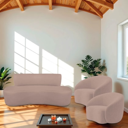 Kit Recamier Curvo Amsterdã 200cm e 2 Poltronas Amore Luxo Linho Rose