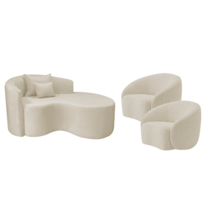 Kit Recamier Curvo Sala de Estar Inglaterra 150cm Lado Direito e 2 Poltronas Orgânica Luxo Amore Bouclé Bege