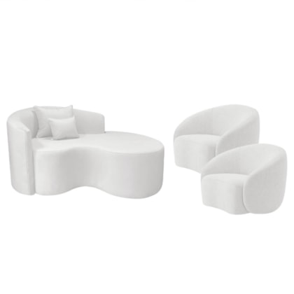 Kit Recamier Curvo Sala de Estar Inglaterra 150cm Lado Direito e 2 Poltronas Orgânica Luxo Amore Bouclé Branco
