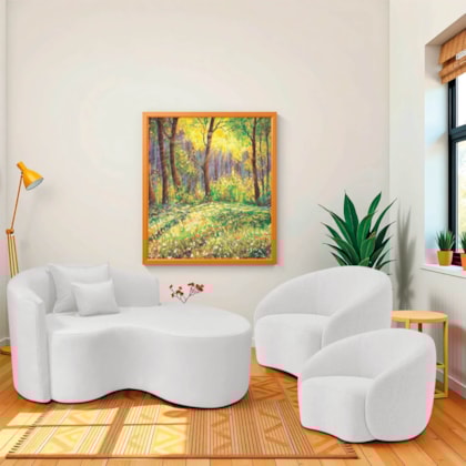 Kit Recamier Curvo Sala de Estar Inglaterra 150cm Lado Direito e 2 Poltronas Orgânica Luxo Amore Bouclé Branco