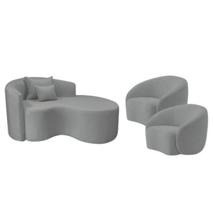Kit Recamier Curvo Sala de Estar Inglaterra 150cm Lado Direito e 2 Poltronas Orgânica Luxo Amore Bouclé Cinza