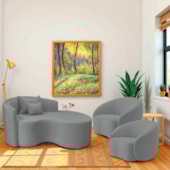 Kit Recamier Curvo Sala de Estar Inglaterra 150cm Lado Direito e 2 Poltronas Orgânica Luxo Amore Bouclé Cinza