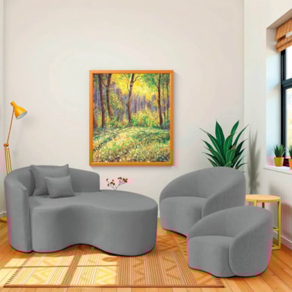 Kit Recamier Curvo Sala de Estar Inglaterra 150cm Lado Direito e 2 Poltronas Orgânica Luxo Amore Bouclé Cinza