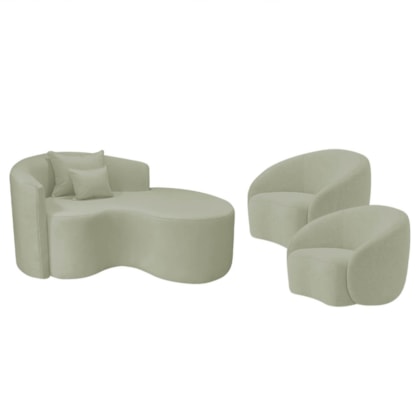 Kit Recamier Curvo Sala de Estar Inglaterra 150cm Lado Direito e 2 Poltronas Orgânica Luxo Amore Bouclé Verde Oliva