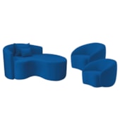 Kit Recamier Curvo Sala de Estar Inglaterra 150cm Lado Direito e 2 Poltronas Orgânica Luxo Amore Linho Azul Royal